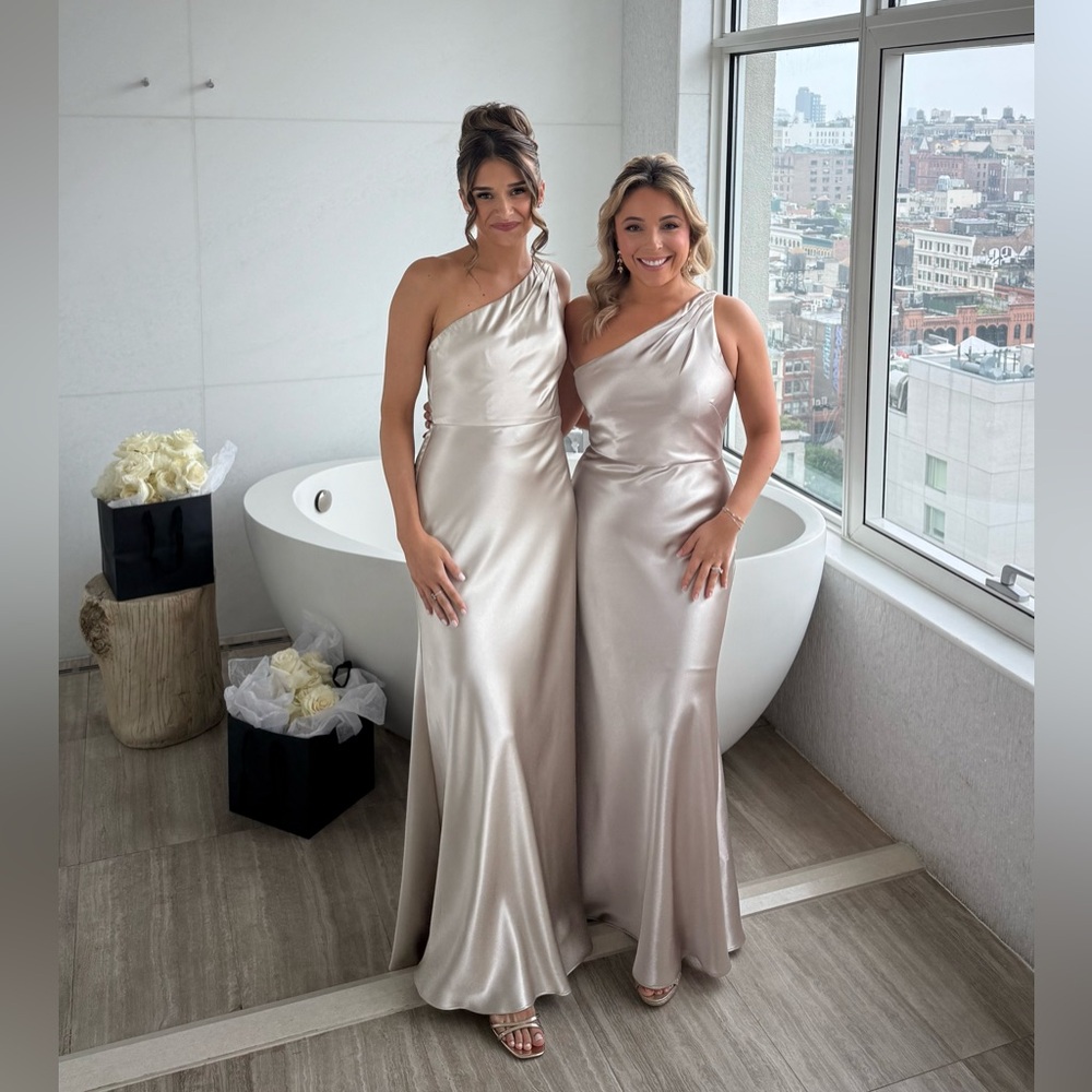 Jenny Yoo Lena Latte Color Elegant One-Shoulder Satin Gown Dress